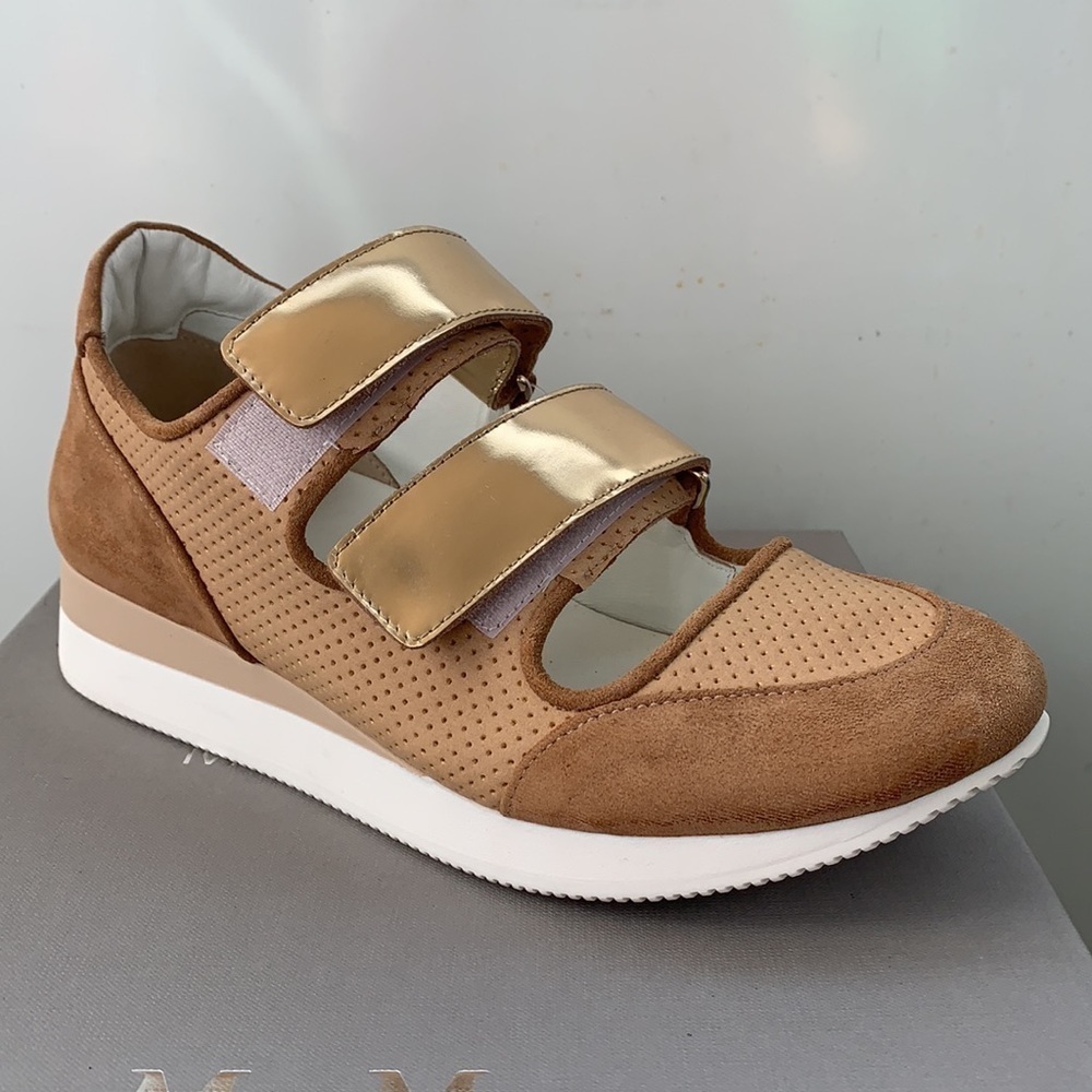 NEW MAX MARA Tan Suede  Leather Velcro Sneakers